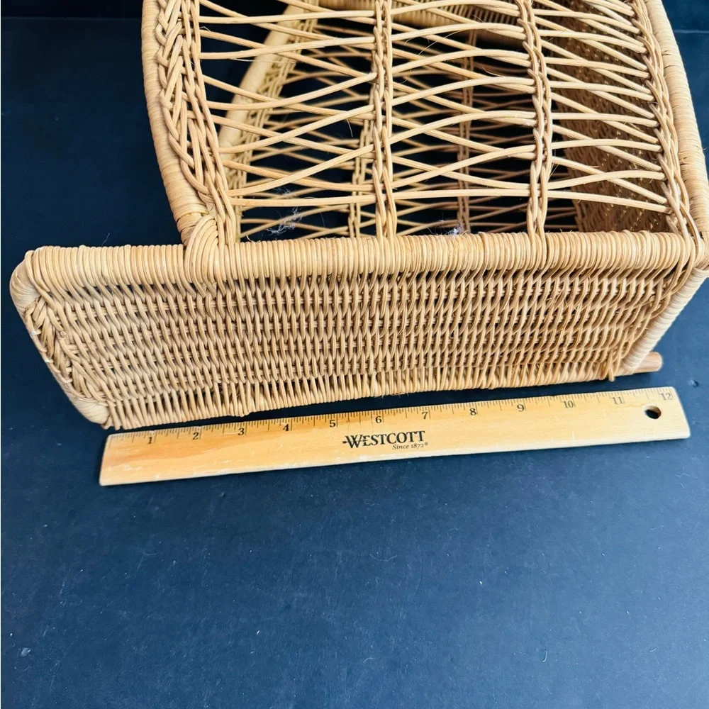 Vintage Handmade tan Bohemian delicate wicker magazine holder.